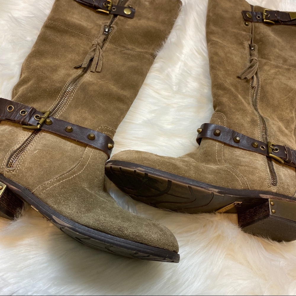 Very Volatile Suede Emperor Brown Gold Plated Knee High Zip Riding Boots - Picture 9 of 12